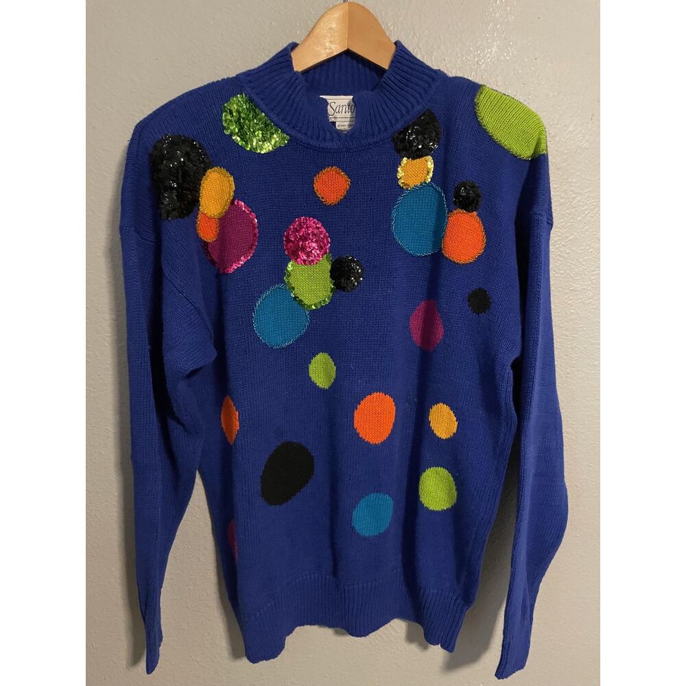 Vintage Santoria Sweater Womens Medium Blue Colorful Polka Dot Knit Artsy 1992